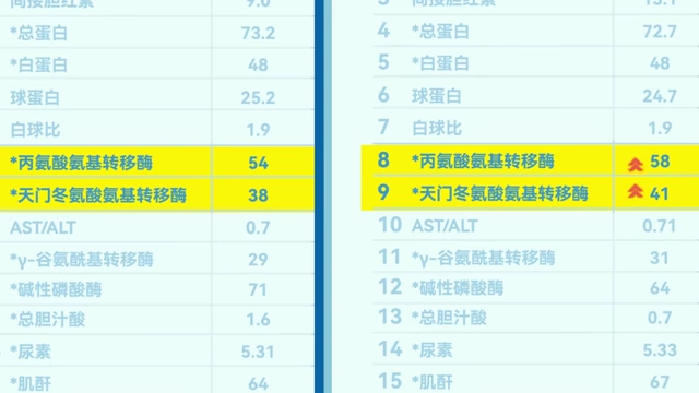 血液生化指标对比图，显示肝功能相关的丙氨酸氨基转移酶和天门冬氨酸氨基转移酶升高