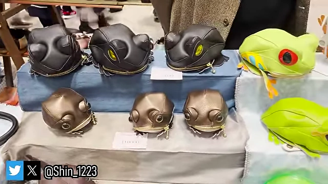 Handmade bags meticulously crafted in the shape of various frogs.