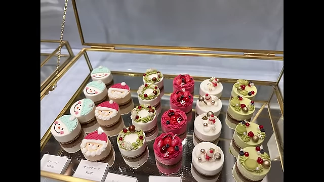 A collection of meticulously crafted miniature Christmas cakes.