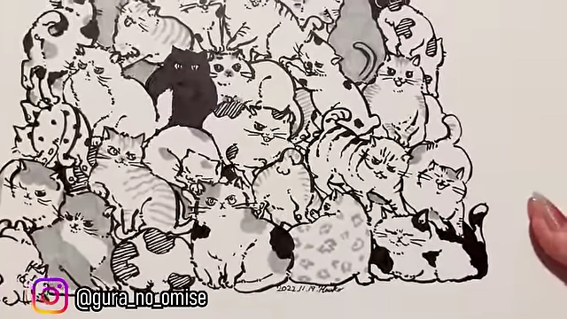 A detailed original drawing depicting a large, expressive pile of cats.