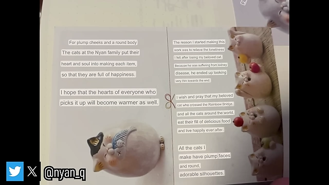 A pamphlet explaining the touching story behind the chubby cat figurines, created in memory of a lost pet.