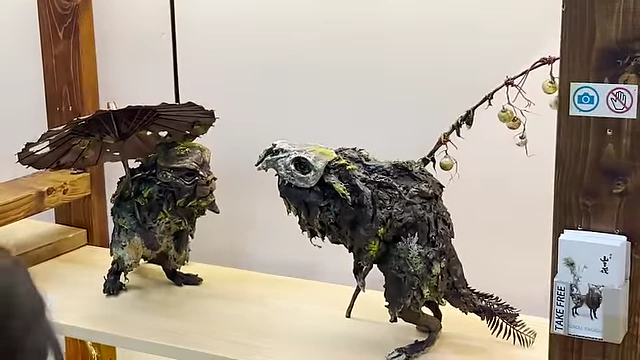 Creepy, creature-like sculptures made from natural materials.