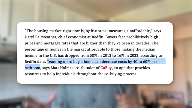 Text highlighting that teaming up to buy a home can decrease costs by 40-60% per bedroom
