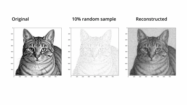 Comparing original, 10% sampled, and reconstructed cat images using compressed sensing