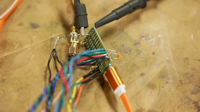 Close-up of the transimpedance amplifier circuit board, which converts photon pulses into voltage spikes