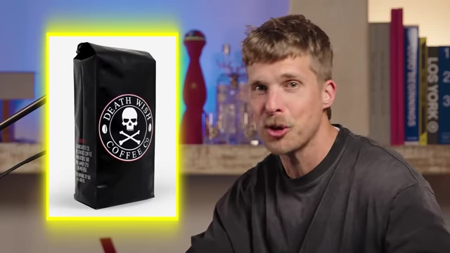 Death Wish Coffee packaging featuring a skull and crossbones, emphasizing extreme branding.