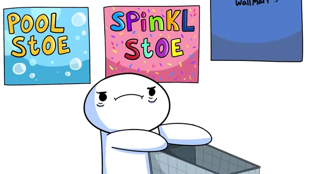 An animated graphic depicting James's challenging quest for sprinkle and pool supplies across multiple stores