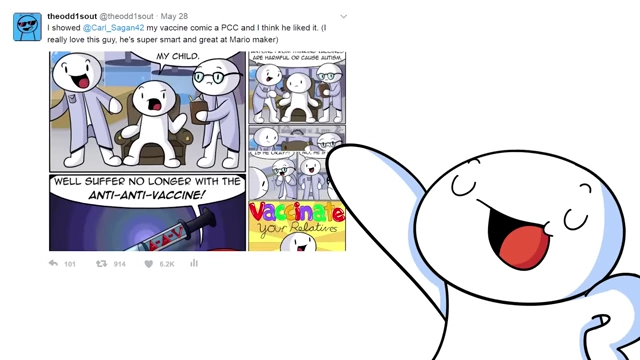 A tweet from TheOdd1sOut sharing his vaccine comic and celebrating CarlSagan42 following him back