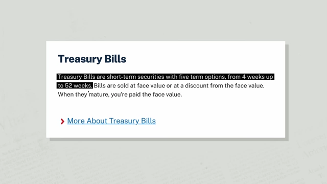 A definition of Treasury Bills, describing them as short-term securities with maturities from 4 to 52 weeks, sold at a discount to face value.