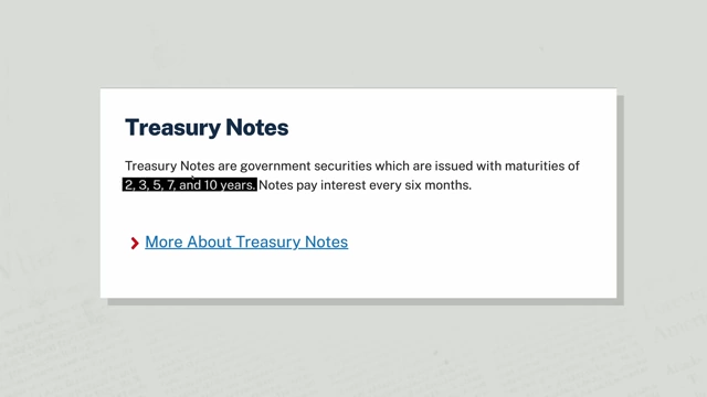 A definition of Treasury Notes, detailing their medium-term maturities of 2, 3, 5, 7, and 10 years, and semi-annual interest payments.