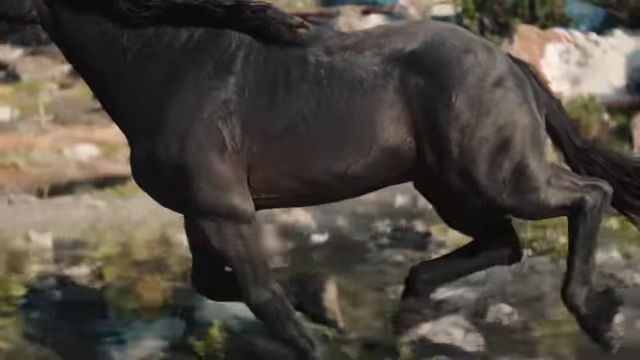 A close-up of Kelpy's leg muscles showing realistic deformation powered by Chaos Flesh Solver.