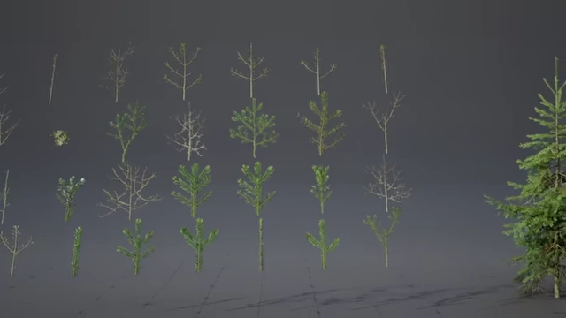 A grid displaying 28 distinct Nanite assembly components used to construct various spruce trees.