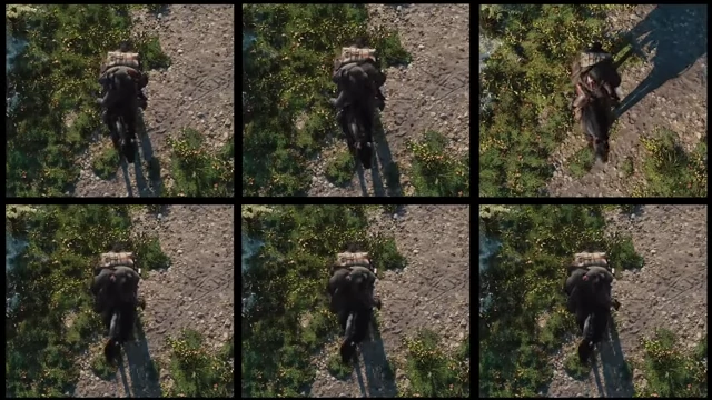 A split-screen view showing multiple angles of Ciri mounting Kelpy, demonstrating seamless multi-character motion matching.