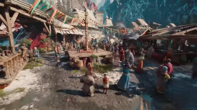 A bustling marketplace scene filled with numerous animated NPCs, demonstrating Unreal Engine's capability to render large, active crowds.