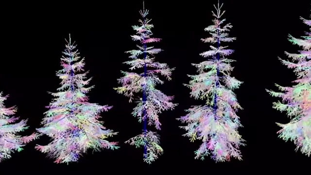 Wireframe visualization of spruce trees demonstrating skeletal animation for wind effects in Nanite Assemblies.
