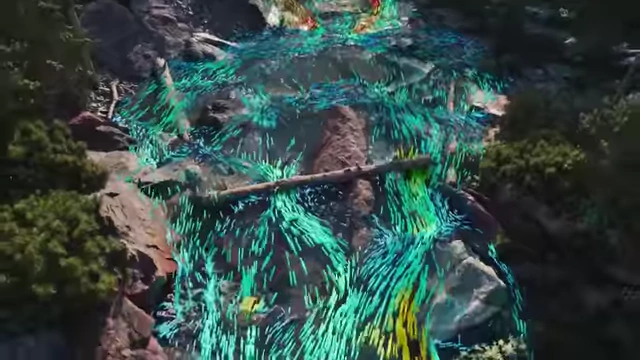 An overhead view of a river with flowing water, illustrating fluid surface baking with a flow visualization overlay.