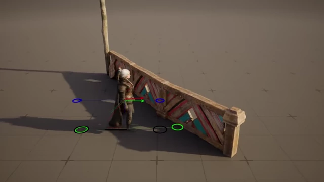 A character interacting with a railing, illustrating motion matching control points in Sequencer for seamless transitions.