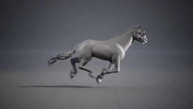 A grey-scale horse model demonstrating physics-driven secondary animation for mane, tail, and saddlebags.