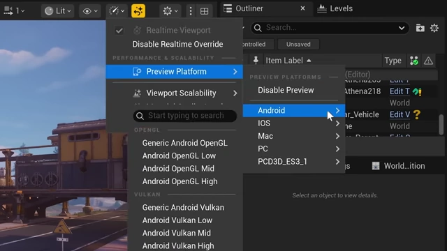 Unreal Engine UI displaying 'Preview Platform' options, highlighting improved workflows for mobile development.