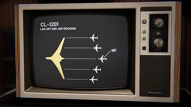 Diagram illustrating the mid-air docking and transfer operations between the CL-1201 LSA and MIT aircraft
