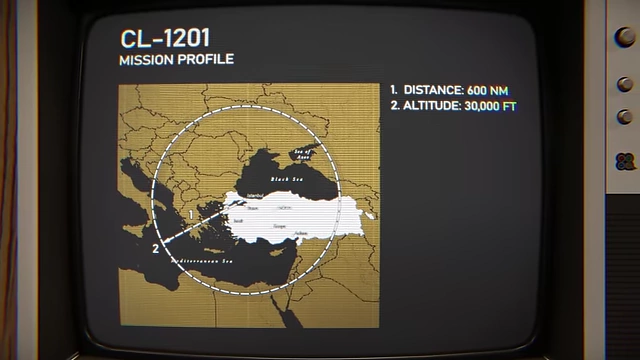 Map showing the CL-1201's mission profile with operational distance and altitude from enemy forces