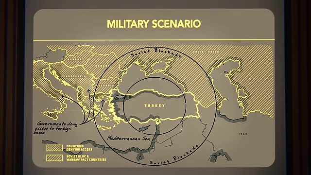 Map illustrating a military scenario in Turkey with Soviet influence, blockades, and denied access to foreign bases