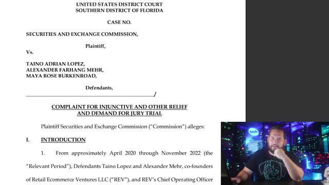 The SEC lawsuit document, naming Taino Adrian Lopez, Alexander Farhang Mehr, and Maya Rose Burkenroad as defendants.