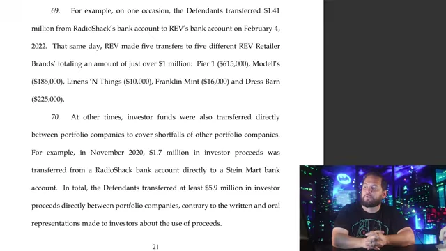 An example from the SEC complaint showing a $1.41 million transfer from RadioShack's bank account to REV's, then distributed to other retail brands.