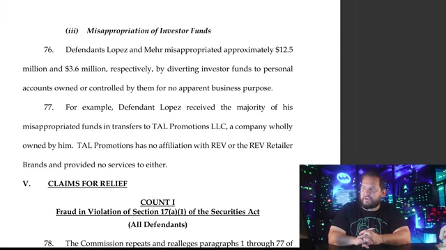 The SEC lawsuit document detailing the misappropriation of $12.5 million by Lopez and $3.6 million by Mehr for personal use.