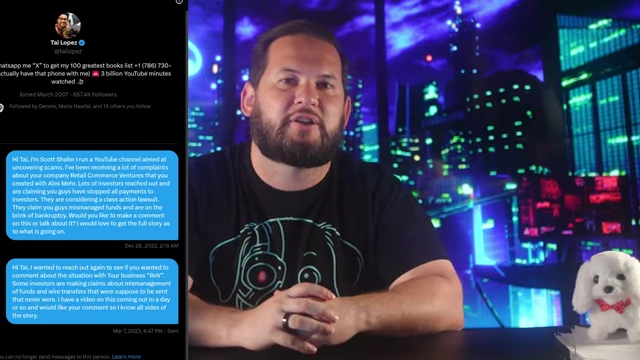 Scott Shafer's Twitter direct messages to Tai Lopez, seeking comment on investor accusations, and Lopez's subsequent block.