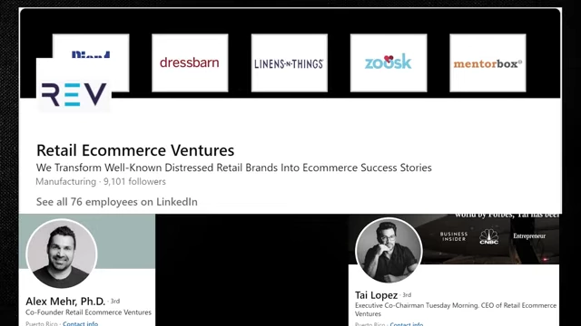 LinkedIn profile for Retail Ecommerce Ventures, listing Alex Mehr and Tai Lopez as co-founders.