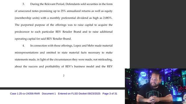 Section of the SEC complaint detailing the promised returns of up to 25% annualized interest and 2% monthly preferential dividends.