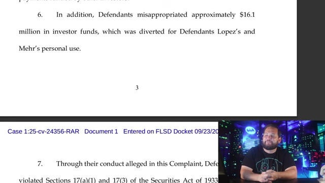 The SEC lawsuit document stating defendants misappropriated $16.1 million in investor funds for personal use.