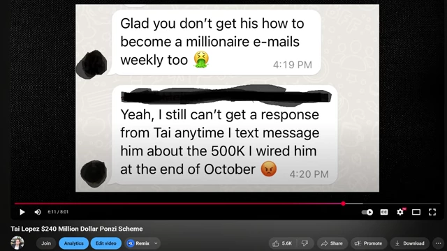 A screenshot from an investor group chat showing a complaint about not receiving a response from Tai Lopez regarding a $500,000 investment.