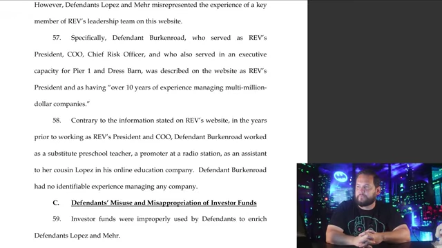 The SEC complaint highlighting the misrepresentation of Maya Burkenroad's experience, contrasting her actual roles with the "over 10 years of experience" claimed.