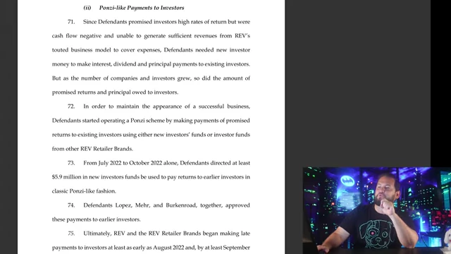 The SEC complaint explicitly stating that defendants operated a Ponzi scheme by using new investor funds or funds from other brands to pay existing investors.