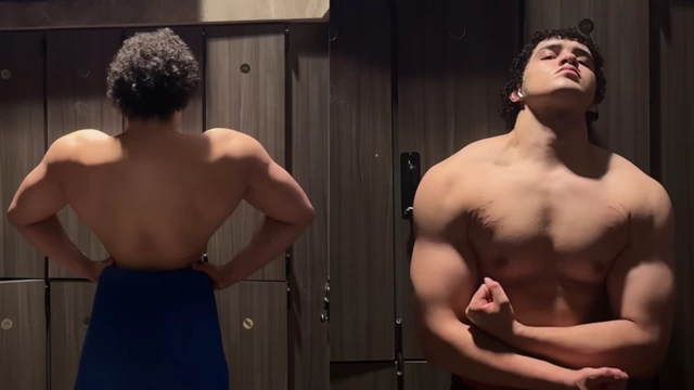 The speaker's impressive back and front bicep poses, demonstrating substantial muscle gain during his bulk