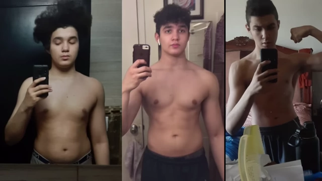 Three stages of the speaker's body transformation, showing weight loss and initial muscle building