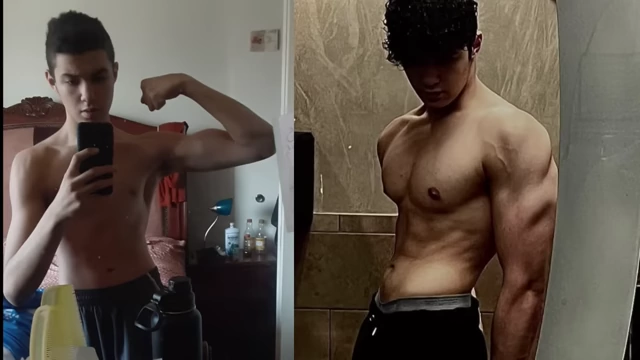 Side-by-side comparison of the speaker's physique from skinny to muscular