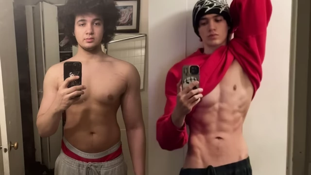 Dramatic before-and-after transformation showcasing significant fat loss and muscle definition
