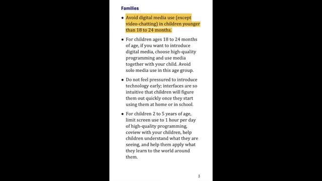 American Academy of Pediatrics guidelines highlighting avoiding digital media for children younger than 18-24 months