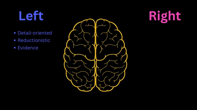 Infographic illustrating the lateralized functions of the Left brain (detail-oriented) and Right brain (big picture, meaning)