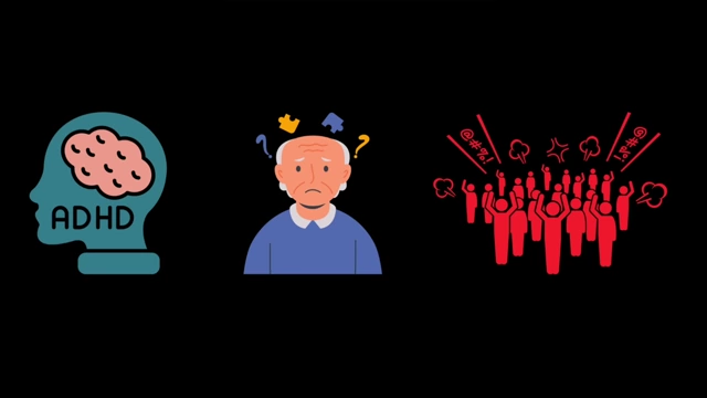 Illustrations representing ADHD, Dementia, and Sociopolitical Instability