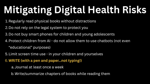 Slide summarizing mitigating digital health risks including reading physical books, not relying on legal system, not buying smartphones for children, protecting children from AI, limiting screen time, writing, and resisting AI for thinking