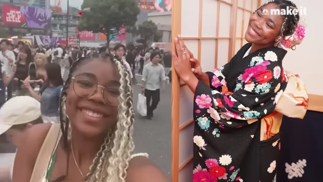 Lexi enjoying a festival and posing in a traditional Japanese kimono, representing her immersive social experiences in Japan.