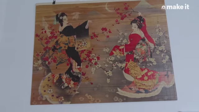 Ukiyo-e style bamboo wall hanging art piece in Lexi's bedroom.