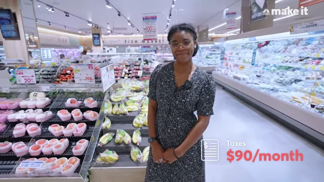 Lexi in a grocery store, with text indicating $90/month for various taxes.