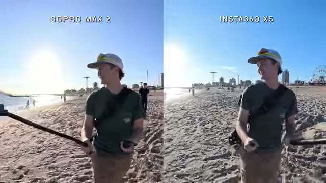 Daylight footage comparison between GoPro Max 2 (left) and Insta360 X5 (right) at the beach