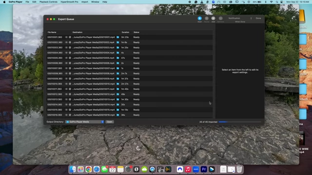 Export queue in the GoPro Player app showing transcoded files for plugin use