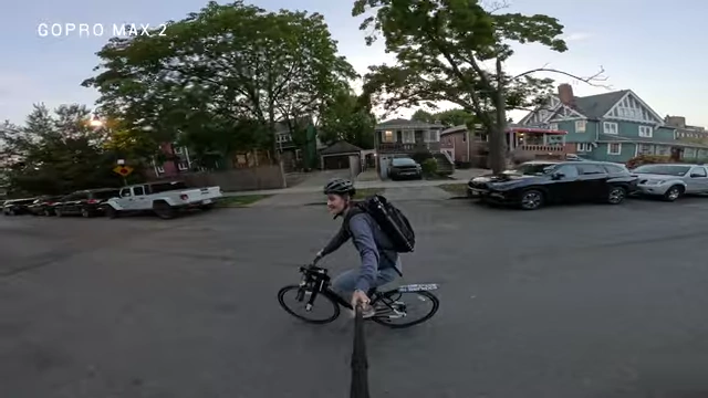 Reviewer using the GoPro Max 2 in single-lens POV mode while cycling